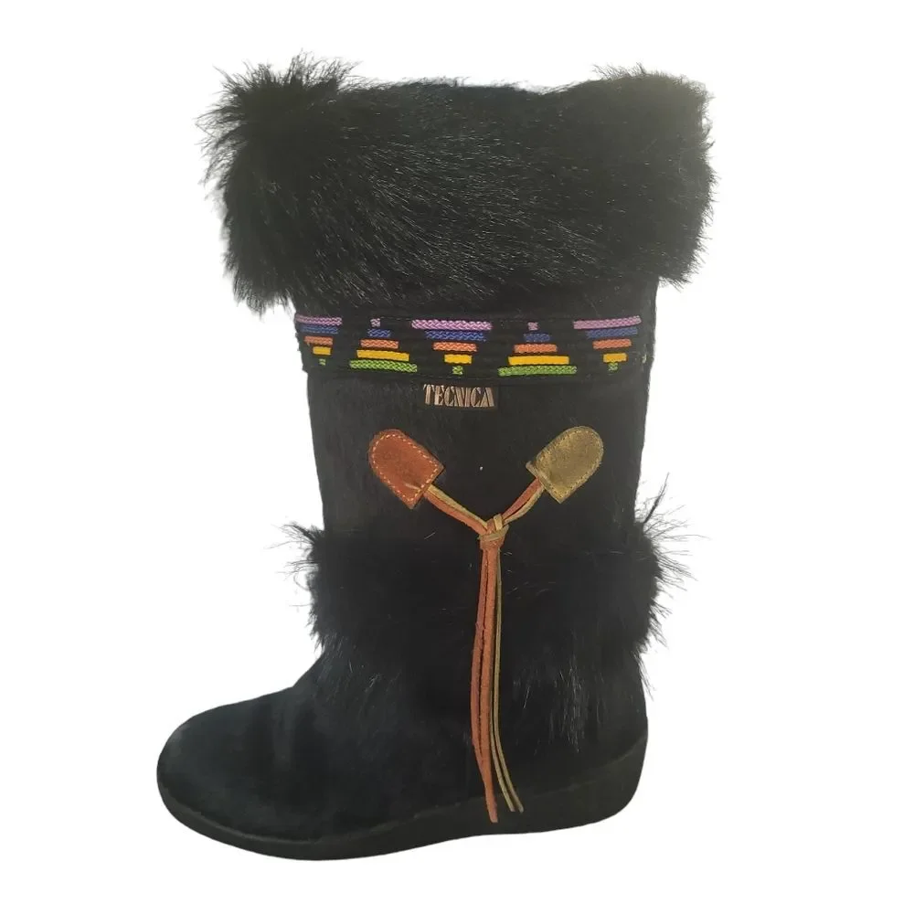 Tecnica Italian Black Full Fur Vintage Apres Ski Boots With Suede Tassel Womens